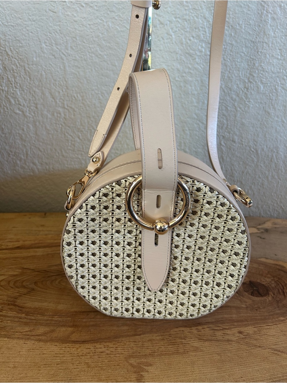 Rebecca Minkoff Kate Woven Circle Crossbody Bag Straw Rattan Purse Beige NWT